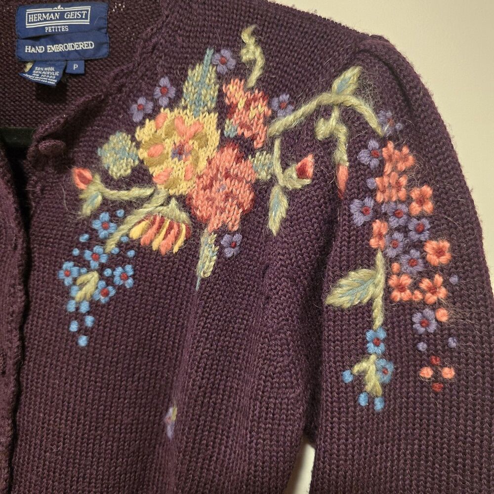 Herman Geist Cardigan Sweater Hand Embroidered 50% Wool Plum Floral Small Petite - Picture 5 of 12